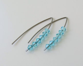 Light Turquoise Threaders Slider Wishbone Niobium Earrings, Aqua European Crystal, Nickel Free Hypoallergenic Earrings for Sensitive Ears