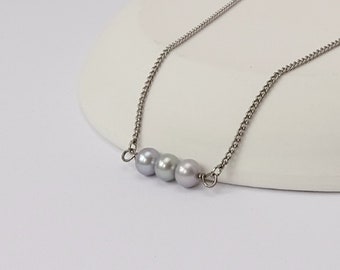 Triple Gray Pearl Titanium Necklace, Grey Freshwater Pearls Niobium Bridal Necklace, Hypoallergenic Nickel Free for Sensitive Skin