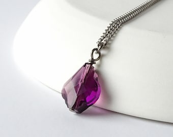 Amethyst Baroque Crystal Titanium Necklace, Nickel Free Necklace For Sensitive Skin, Purple European Crystal, Pure Titanium Jewelry