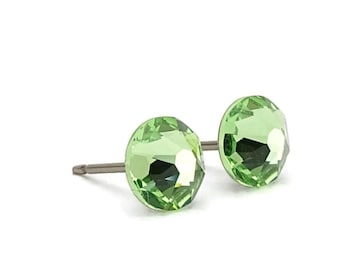 Peridot Studs Titanium Post Earrings, Green Crystal Sensitive Ears Posts, Nickel Free Hypoallergenic Stud, Non Allergenic Pure Titanium