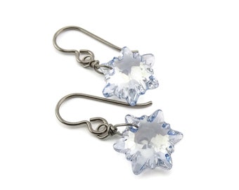 Blue Shade Edelweiss Titanium Earrings, Pale Blue European Crystal Niobium Earrings, Hypoallergenic Nickel Free Earrings for Sensitive Ears