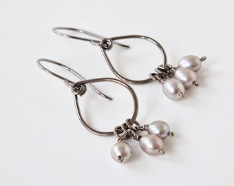 Hypoallergenic Teardrop Earrings with Gray Pearls, Small Pearl Cluster Niobium Earrings, Titanium Earrings For Sensitive Ears, Nickel Free