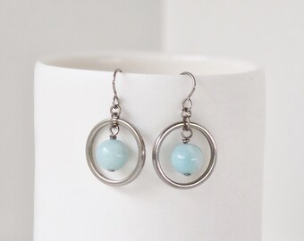 Amazonite Bead on Titanium Circle Earrings, Aqua Blue Gemstone Titanium Hoop, Hypoallergenic Nickel Free Niobium Earrings for Sensitive Ears