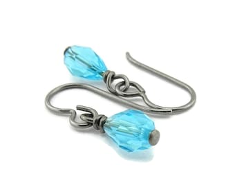 Light Turquoise Drop Titanium Earrings, Aqua Blue Teardrop European Crystal, Niobium Earrings for Sensitive Ears Nickel Free Hypoallergenic