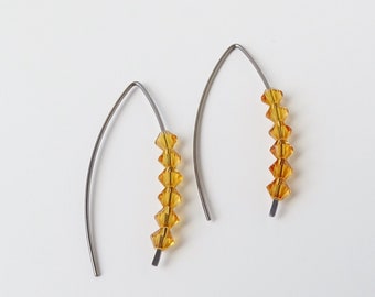Topaz Crystal Slider Niobium Earrings, Orange Beige Wishbone Threaders, Nickel Free Hypoallergenic Earrings, Sliders for Sensitive Ears