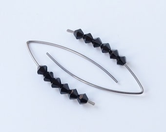 Black Crystal Slider Niobium Earrings, Jet Black Wishbone Threader Earrings, Nickel Free Hypoallergenic Slider Earrings for Sensitive Ears