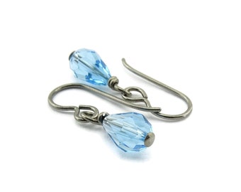 Aquamarine Blue Drop Titanium Earrings, European Crystal Aqua Blue Teardrop, Nickel Free Hypoallergenic Niobium Earrings for Sensitive Ears