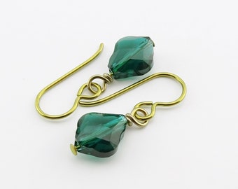 Emerald Green Baroque Crystal Gold Niobium Earrings, European Crystal, Hypoallergenic Nickel Free Earrings for Sensitive Ears