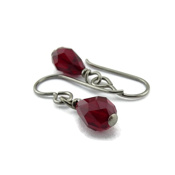Garnet Red Teardrop Titanium Earrings, European Crystal Niobium Earrings, Nickel Free Hypoallergenic Drop Earrings for Sensitive Earlobes