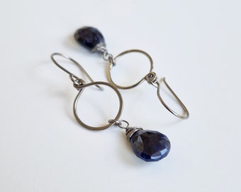 Lapis Lazuli Dangle Hoop Titanium Earrings, Niobium Wire Wrapped Dark Navy Blue Gemstone Earrings for Sensitive Ears, Nickel Free Earrings