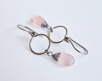 Pink Chalcedony Dangle Hoop Titanium Earrings, Niobium Wire Wrapped Soft Pink Gemstone Earrings for Sensitive Ears, Nickel Free Earrings