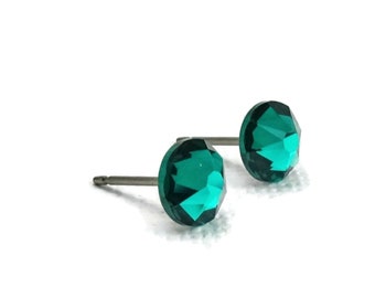 Emerald Studs Titanium Post Earrings, Green Crystal Hypoallergenic Posts for Sensitive Ears, Pure Titanium Stud, Nickel Free Earrings