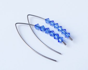 Sapphire Blue Slider Wishbone Threaders Niobium Earrings, Blue Crystal Nickel Free Hypoallergenic Threader Earrings for Sensitive Ears