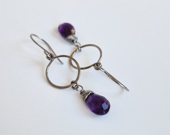 Amethyst Dangle Hoop Titanium Earrings, Niobium Wire Wrapped Purple Gemstone Earrings for Sensitive Ears Hypoallergenic Nickel Free Earrings