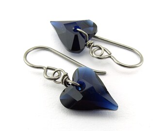 Deep Blue Love Heart Niobium Earrings, Dark Indigo Crystal Earrings, Hypoallergenic Nickel Free Titanium Earrings for Sensitive Ears