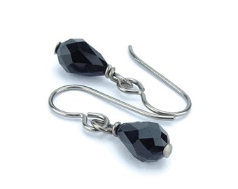 Black Teardrop Niobium Earrings, Jet Black European Crystal Drop Earrings, Hypoallergenic Nickel Free Titanium Earrings for Sensitive Ears