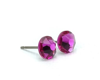 Fuchsia Post Studs Titanium Earrings, Pure Titanium Stud Earrings for Sensitive Ears, Nickel Free Hypoallergenic Hot Pink Crystal Posts