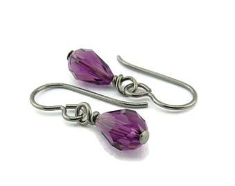 Amethyst Crystal Niobium Earrings Purple European Teardrop, Nickel Free Hypoallergenic Drop Earrings, Titanium Earrings for Sensitive Ears