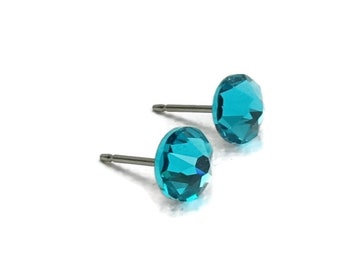 Blue Zircon Crystal Stud Earrings, Pure Titanium Post Earrings, Teal Hypoallergenic Studs, Nickel Free Posts, Earrings for Sensitive Ears