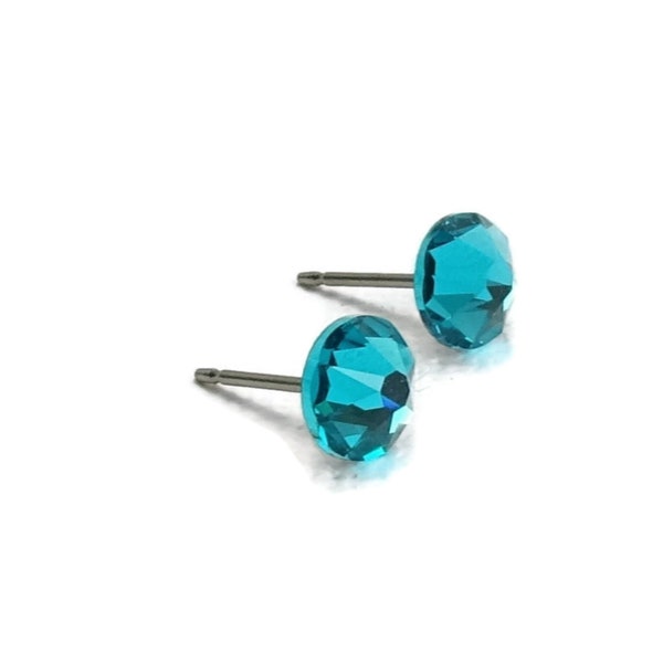 Blue Zircon Crystal Stud Earrings, Pure Titanium Post Earrings, Teal Hypoallergenic Studs, Nickel Free Posts, Earrings for Sensitive Ears