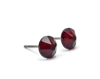 Garnet Red Studs Titanium Post Earrings, 6.5mm Deep Red Crystal Posts, Hypoallergenic Nickel Free Stud Earrings for Sensitive Ears