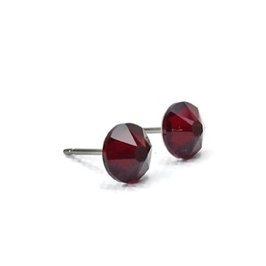 Garnet Red Studs Titanium Post Earrings, 6.5mm Deep Red Crystal Posts, Hypoallergenic Nickel Free Stud Earrings for Sensitive Ears image 1