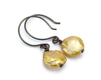 Gold Coin Pearls Niobium Earrings, Hypoallergenic Nickel Free Earrings for Sensitive Ears, Freshwater Pearl, Bronze Brown Niobium Jewelry