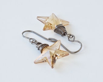 Gold Star Crystal Titanium Earrings, Niobium Wire Wrapped Golden Shadow European Crystal Hypoallergenic Nickel Free Sensitive Ears Earrings
