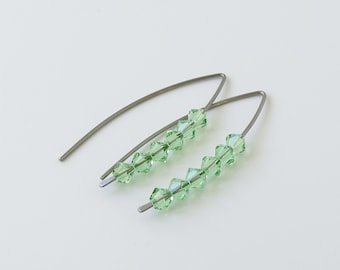 Peridot Threaders Slider Wishbone Niobium Earrings, Green European Crystal, Nickel Free Hypoallergenic Threader Earrings for Sensitive Ears