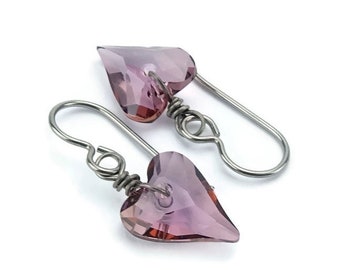Antique Pink Heart Niobium Earrings, Light Purple Crystal Love Heart, Hypoallergenic Nickel Free Pure Titanium Earrings for Sensitive Ears