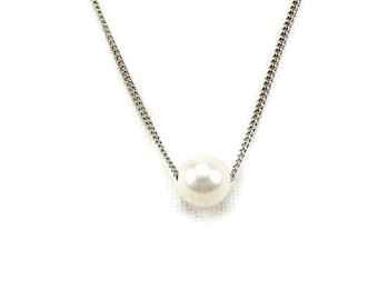 White Floating Pearl Titanium Necklace, Freshwater Pearl Hypoallergenic Necklace, Real Genuine Pearl Nickel Free Necklace for Sensitive Skin