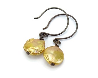 Golden Pearl Bronze-colored Niobium Earrings, Hypoallergenic No Nickel Earrings for Sensitive Ears, Gold Coin Pearl Earrings Niobium Jewelry