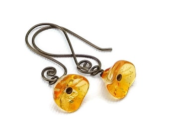 Bronze-color Niobium Earrings Orange Flowers, Sunshine Orange Flowers on Swirly Brown Ear Hooks, Hypoallergenic No Nickel Niobium Earrings