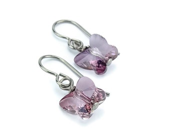 Titanium Earrings Pink Butterfly Crystal, Antique Pink Swarovski Crystal Butterfly Sensitive Ears Earrings for Girls, Dark English Pink