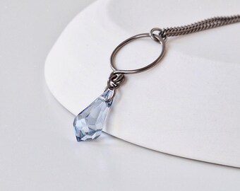 Blue Shade Teardrop Titanium Necklace, Austrian Crystal Pure Titanium Chain, Hypoallergenic Nickel Free Niobium Necklace for Sensitive Skin