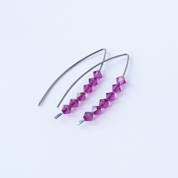 Fuchsia Crystal Niobium Earrings Hot Pink Crystal Wishbone