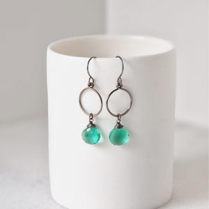 Emerald Green Quartz Dangle Hoop Titanium Earrings, Niobium Wire Wrapped Quartz May Gemstone Earrings for Sensitive Ears, Hypoallergenic
