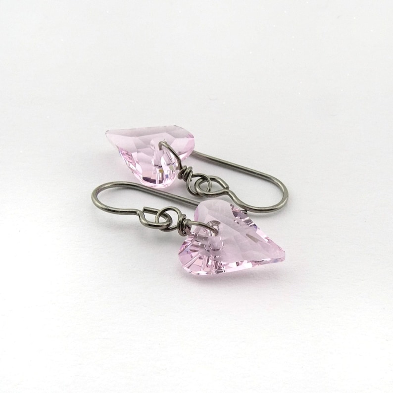 Rosaline Pink Heart Titanium Earrings, Love Heart Crystal Earrings, Niobium Earrings for Sensitive Ears, Hypoallergenic Nickel Free Earrings image 1