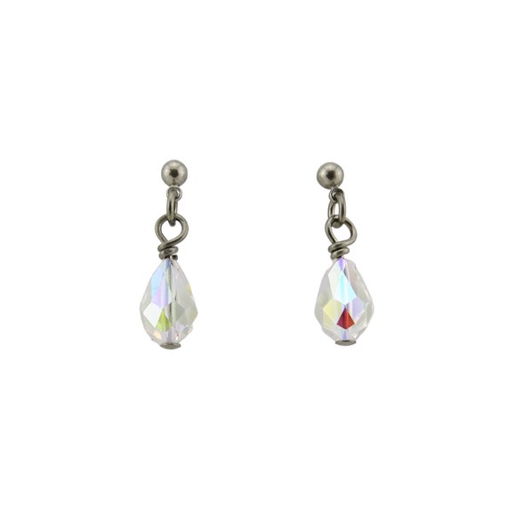 Aurora Borealis Drop Titanium Dangle Studs Clear Crystal Teardrop
