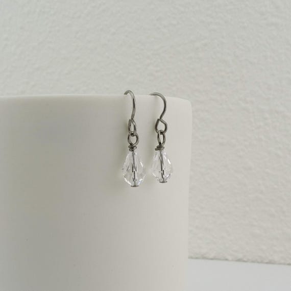Clear Crystal Drop Titanium Earrings, Niobium Earrings for