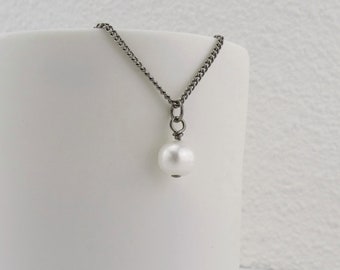 White Pearl Pendant Titanium Necklace, Real Pearl Necklace for Sensitive Skin, Freshwater Pearl Titanium Jewelry, Hypoallergenic Nickel Free