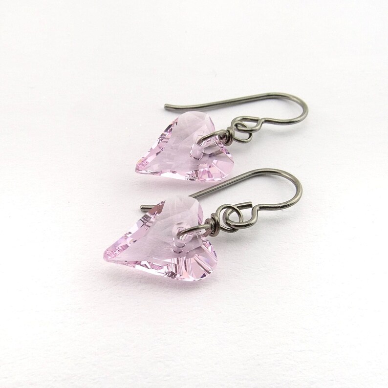 Rosaline Pink Heart Titanium Earrings, Love Heart Crystal Earrings, Niobium Earrings for Sensitive Ears, Hypoallergenic Nickel Free Earrings image 3