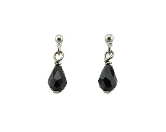 Jet Black Teardrop Titanium Dangle Stud, Crystal Drop Ball Studs, Hypoallergenic Nickel Free Posts,Titanium Post Earrings for Sensitive Ears