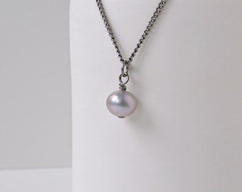 Gray Pearl Pendant Titanium Necklace, Real Pearl Necklace for Sensitive Skin, Freshwater Pearl Titanium Jewelry, Hypoallergenic Nickel Free