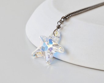 Aurora Borealis Starfish Crystal Titanium Necklace, Niobium Wire Wrapped European Crystal, Hypoallergenic Nickel Free Sensitive Skin Chain