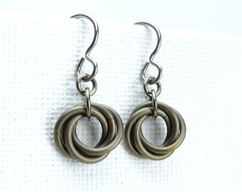 Bronze Color Niobium Earrings for Sensitive Ears, Mobius Love Knot, Brown Chainmaille Nickel Free Hypoallergenic Earrings, Titanium Earrings