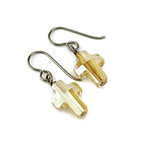 Hypoallergenic Gold Cross Earrings, Golden Shadow European Crystal Crosses on Niobium or Titanium Ear wires for Sensitive Ears
