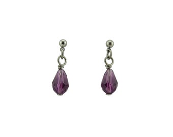 Amethyst Teardrop Titanium Ball Studs, Purple Raindrop Crystal Dangle Stud, Hypoallergenic Nickel Free Titanium Post Earrings Sensitive Ears