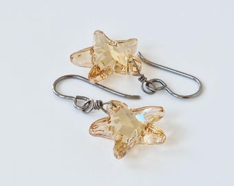 Golden Shadow Crystal Starfish Titanium Earrings, Niobium Wire Wrapped European Crystal Hypoallergenic Nickel Free Sensitive Ears Earrings