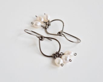 Hypoallergenic Teardrop Earrings with White Pearls, Small Pearl Cluster Niobium Earrings, Titanium Earrings For Sensitive Ears, Nickel Free